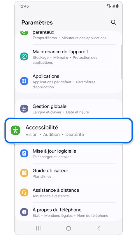 Écran d'accueil du menu des paramètres d’un Samsung Galaxy