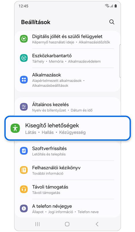 Beállítások kezdőképernyő