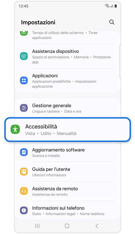 Schermata Home di impostazioni