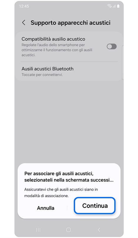 Finestra popup delle istruzioni di accoppiamento dell'apparecchio acustico