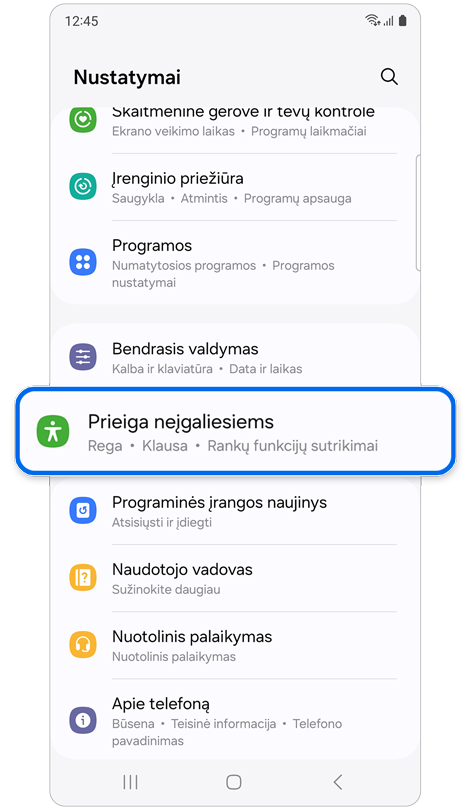 Nustatymų pradžios ekranas