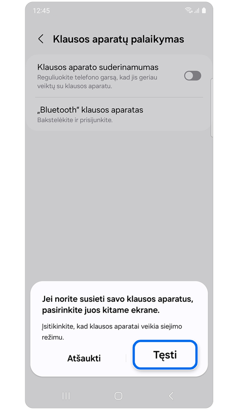 Iškylantysis langas su klausos aparatų susiejimo instrukcijomis