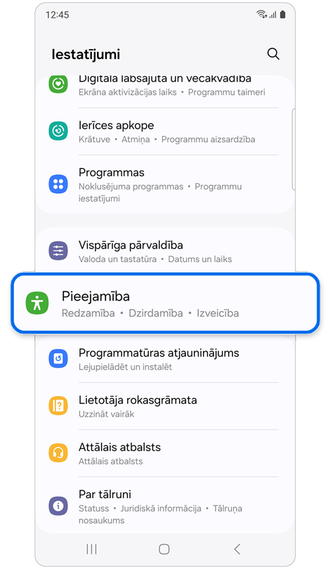 Iestatījumu sākuma ekrāns