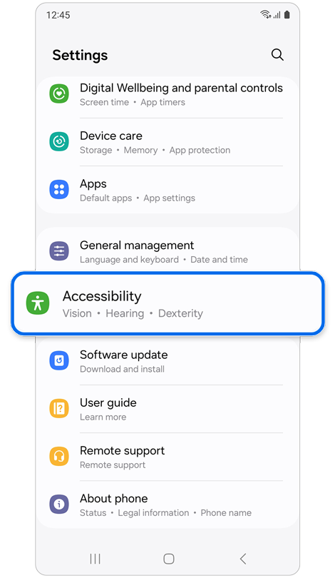 Settings home screen