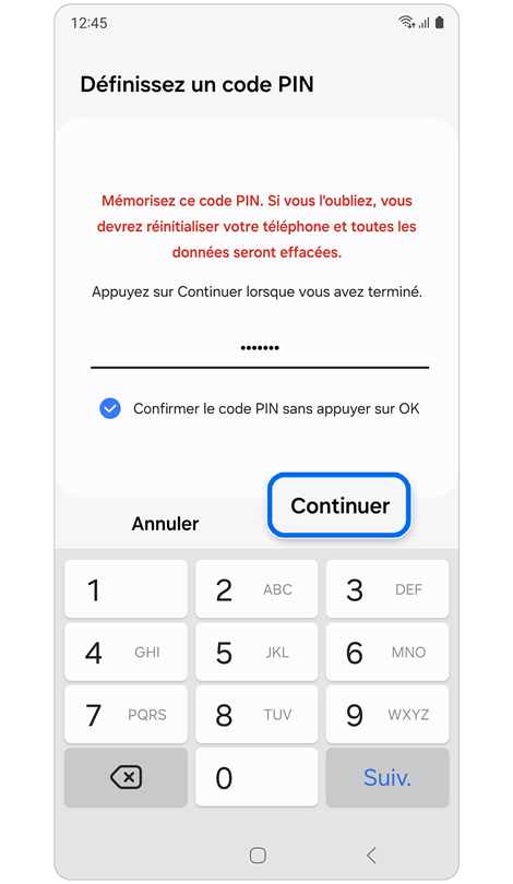 Écran de création d’un nouveau PIN, mot de passe ou motif