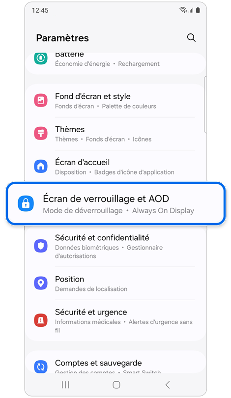 Écran d'accueil du menu des paramètres d’un Samsung Galaxy
