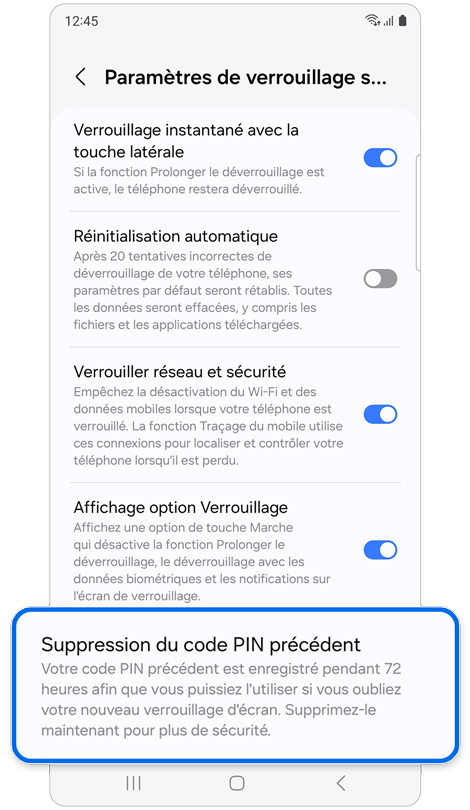 Écran du menu ‘Param. verrouillage sécurisé’