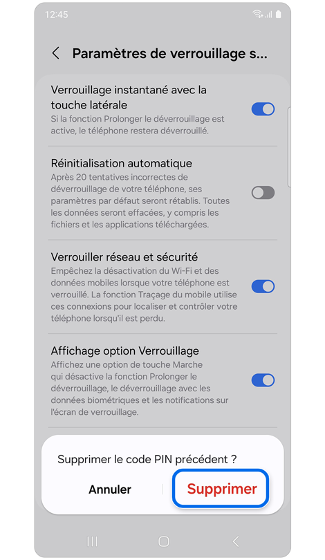 Écran du menu ‘Param. verrouillage sécurisé’ avec une fenêtre contextuelle