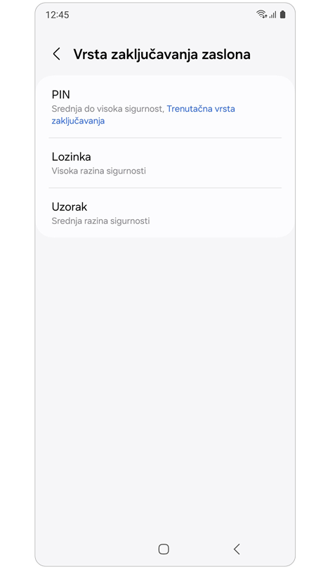 Prikaz koji sadrži vrste zaključavanja zaslona.