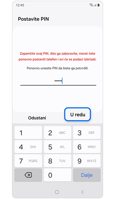 Zaslon za provjeru novog PIN-a, lozinke ili uzorka.