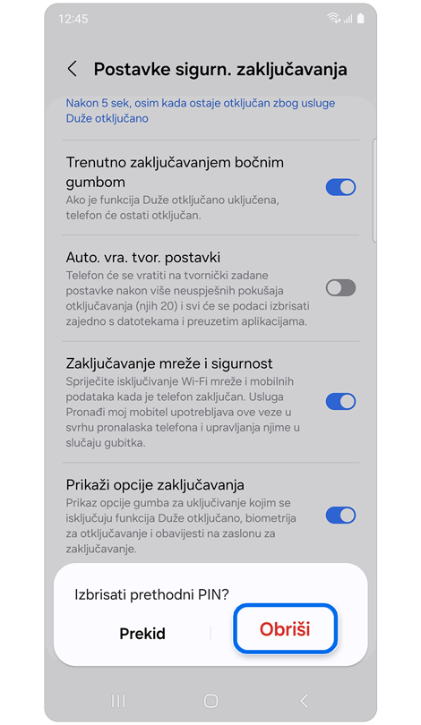 Iskočni prozor s opcijom brisanja prethodnog uzorka zaključavanja zaslona.