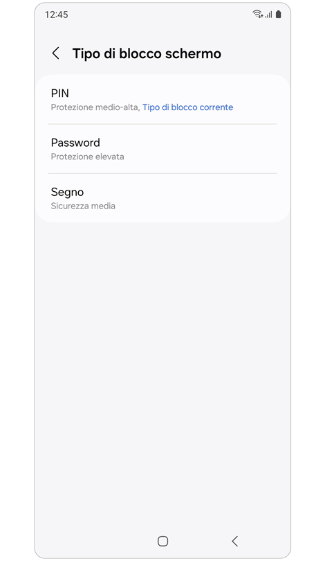 Schermata contenente i tipi di blocco schermo.