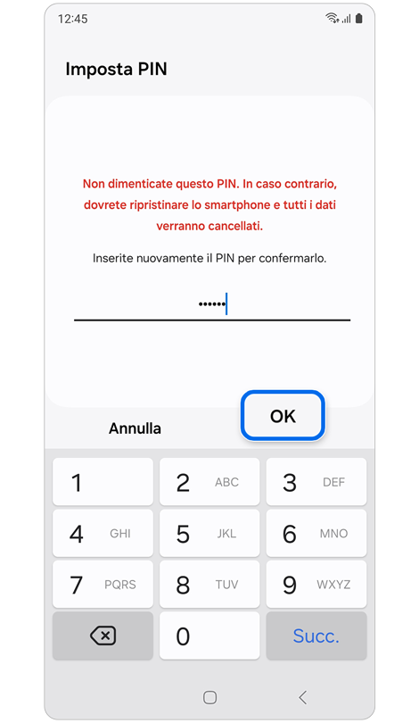 Schermata per confermare il nuovo PIN, password o schema.