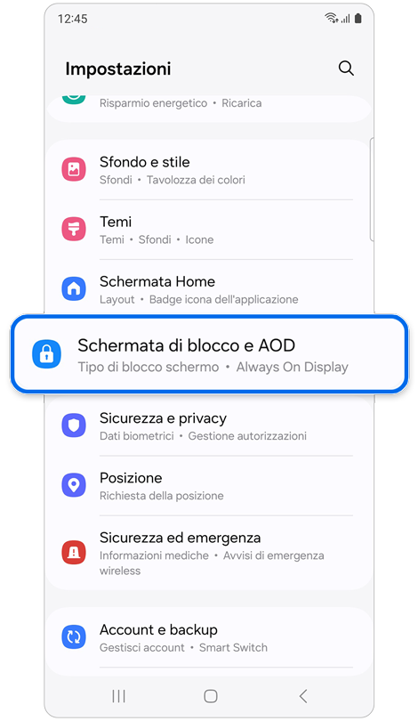 Schermata Home di impostazioni