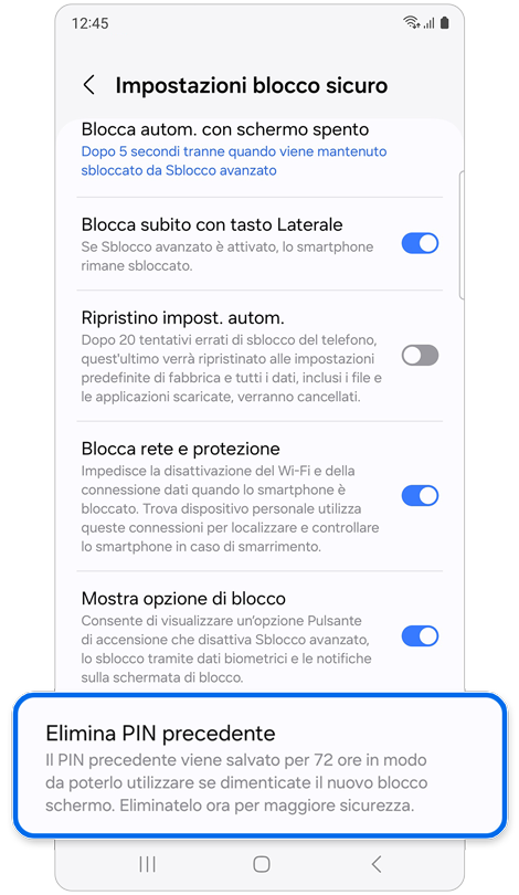 Schermata Impostazioni blocco sicuro.