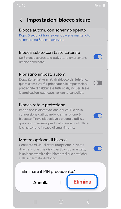 Finestra popup con l'opzione per eliminare il modello di blocco schermo precedente.