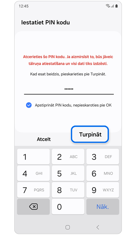 Ekrāns, lai izveidotu jaunu PIN kodu, paroli vai figūru.