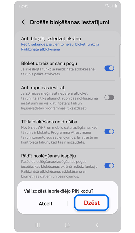 Uznirstošais logs ar opciju dzēst iepriekšējo ekrāna bloķēšanas figūru.