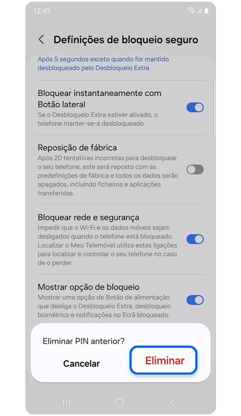 Janela pop-up com opção para eliminar o padrão de bloqueio do ecrã anterior.