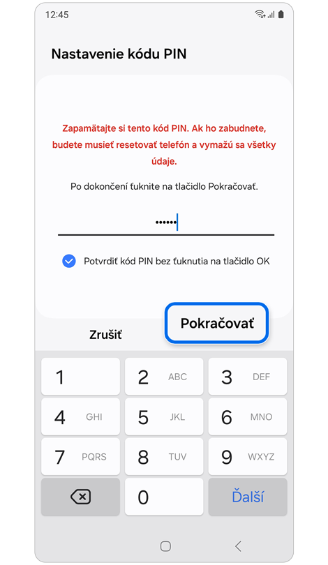 Obrazovka na vytvorenie nového kódu PIN, hesla alebo vzoru.