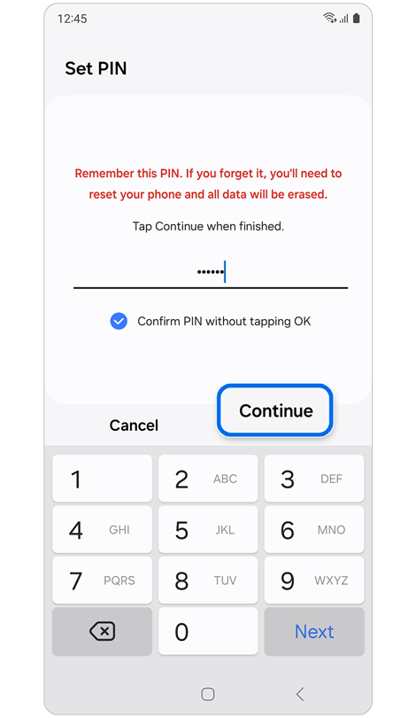 Screen to create new PIN, password, or pattern.