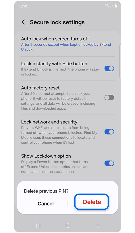 Popup window with option to delete the previous screen lock pattern.