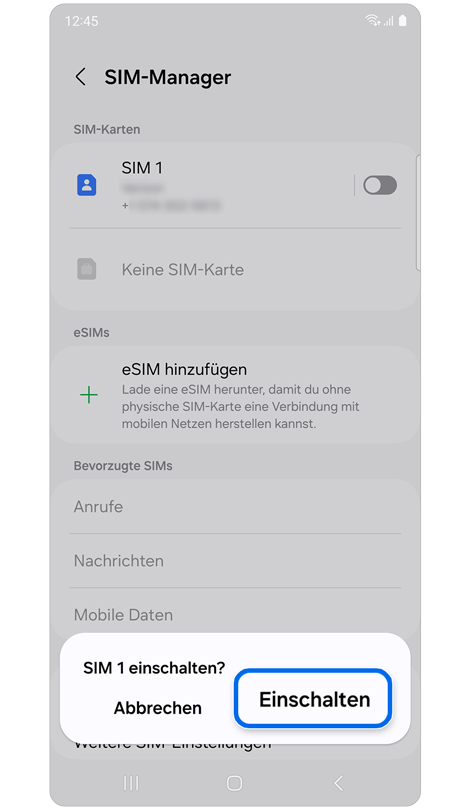Popup-Fenster mit der Aufforderung, SIM 1 einzuschalten