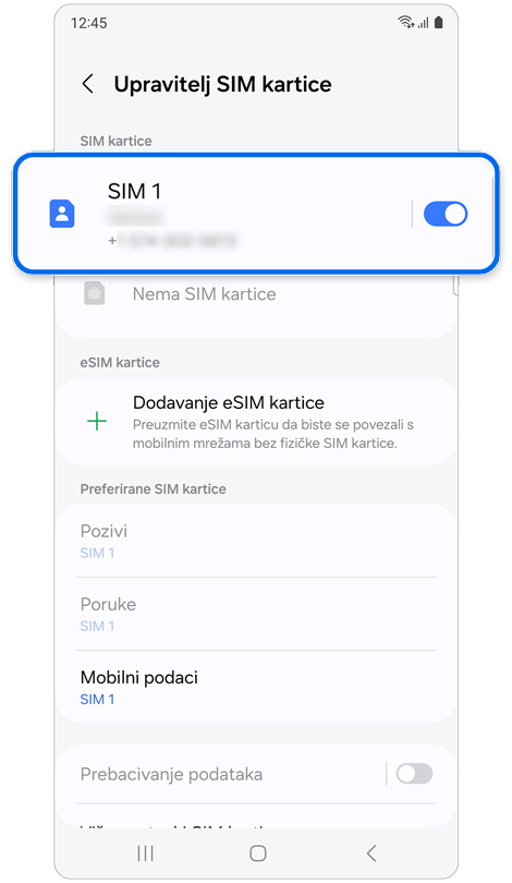 Zaslon za upravljanje SIM karticama.