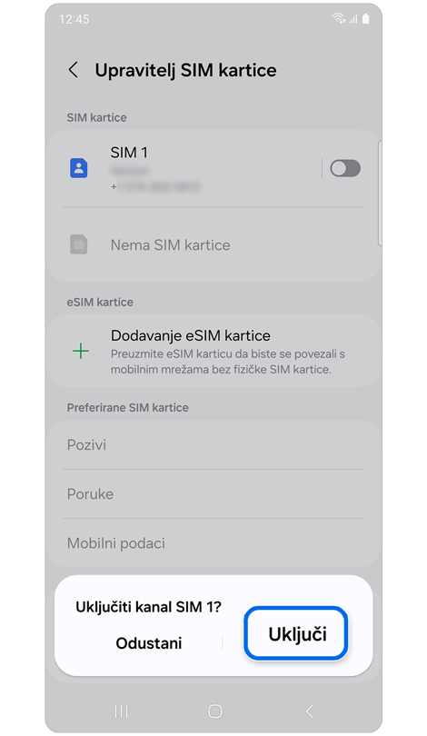 Popup prozor koji traži da se uključi SIM 1.