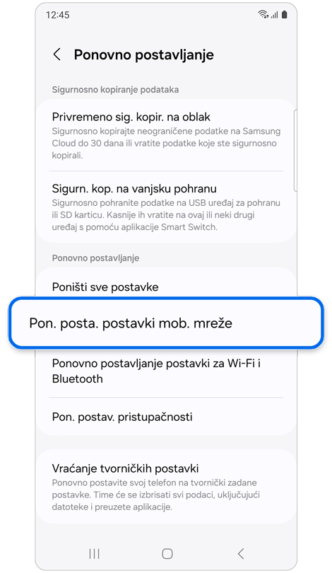 Ponovno postavljanje zaslona postavki.