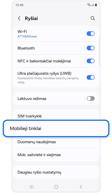 Ryšių pradžios ekranas.