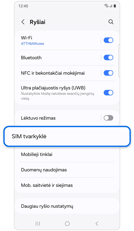 Ryšiai pagrindinis ekranas.