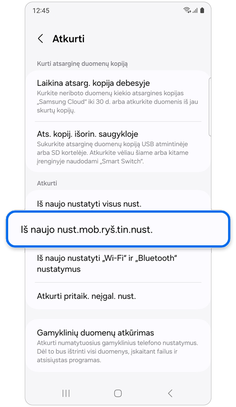 Funkcijos „Atkurti“ nustatymų ekranas.