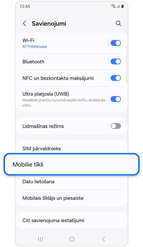 Sadaļas Savienojumi sākuma ekrāns.