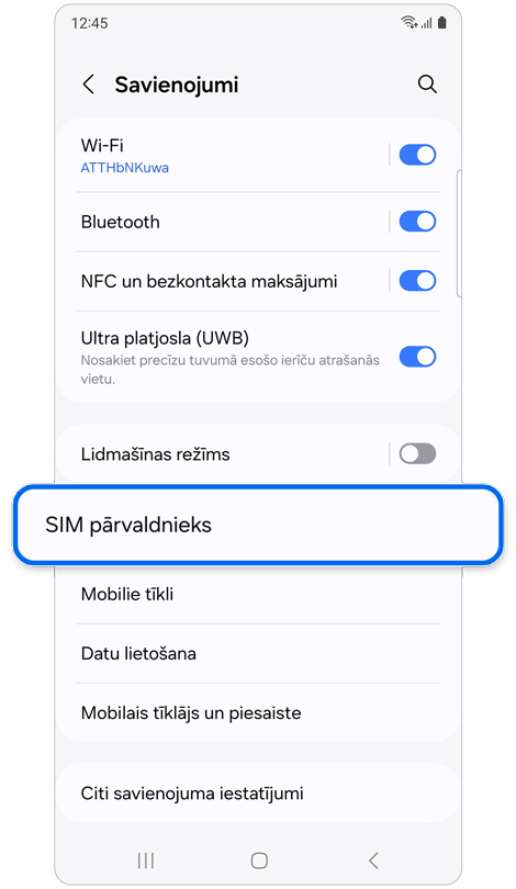 Sadaļas Savienojumi sākuma ekrāns.