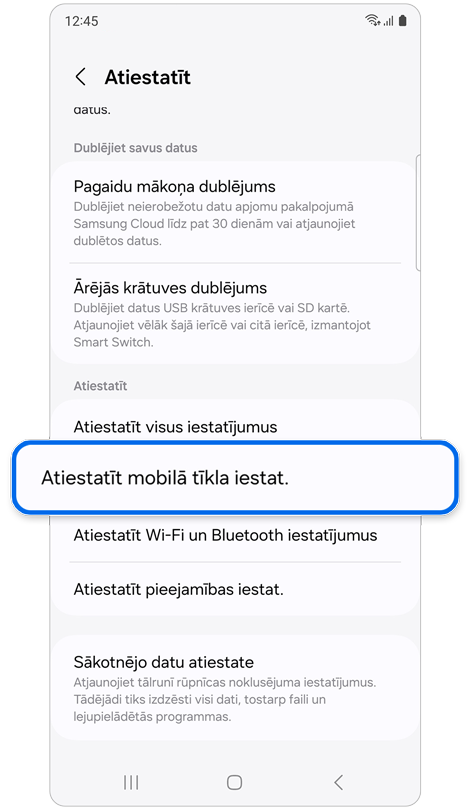 Iestatījumu ekrāns Atiestatīt.
