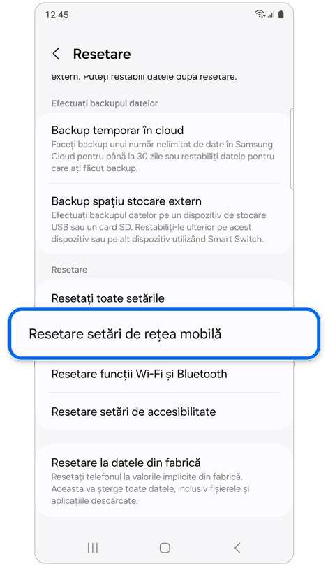 Ecranul de setări Resetare.