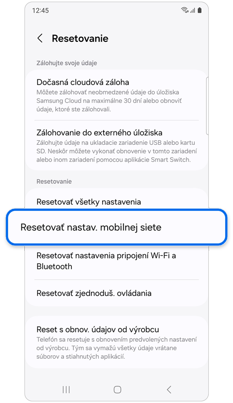 Obrazovka nastavení Resetovanie.
