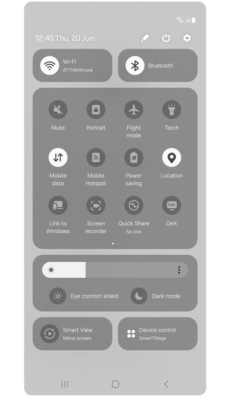 Quick settings panel.