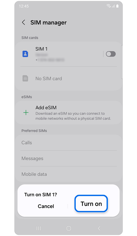 Popup window requesting to turn on SIM 1.