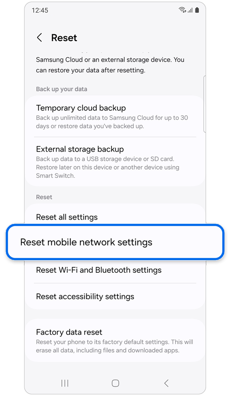 Reset settings screen.