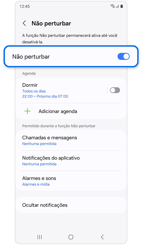 Tela de configurações "Não perturbar".