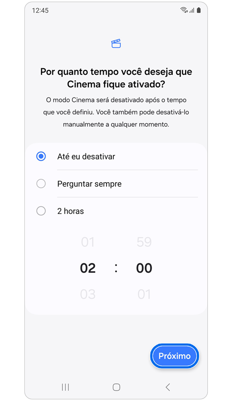 Opções de duração para o modo Cinema.