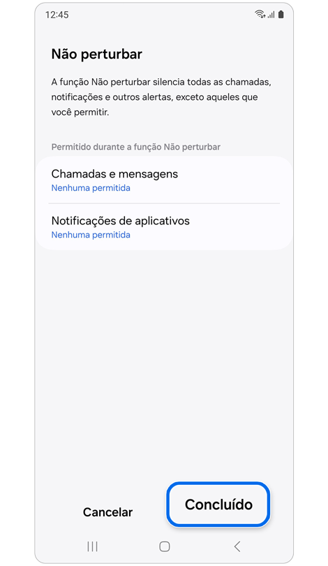 Opções de personalização para o modo "Não perturbe" durante o modo Cinema.
