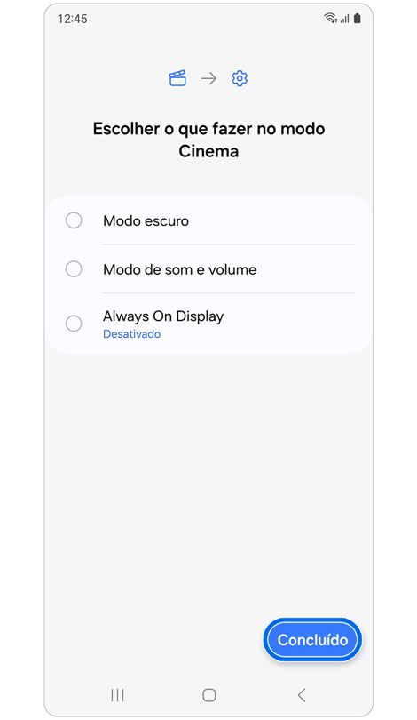 Opções de personalização de ação do modo Cinema.