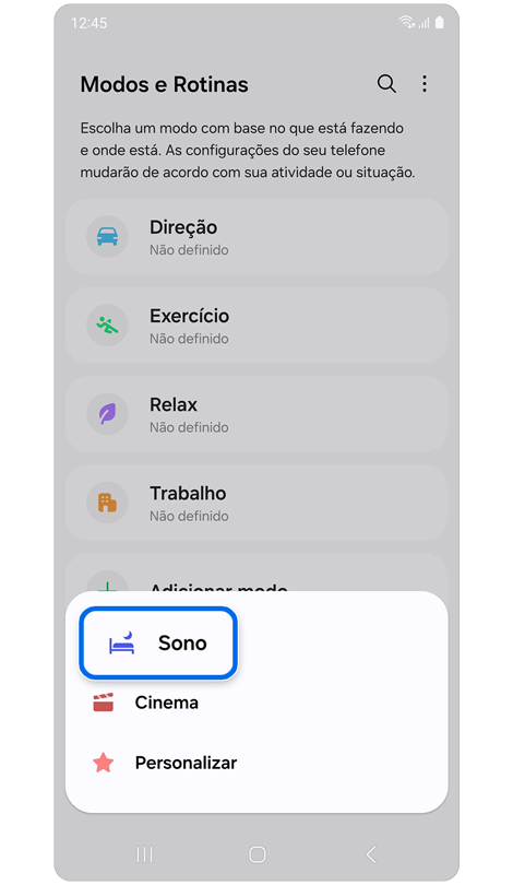 Tela com lista de modos disponíveis.