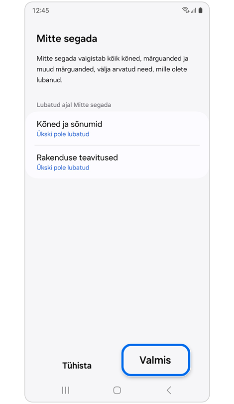 Funktsiooni „Mitte segada“ kohandamisvalikud režiimi Teatrirežiim kasutamise ajal.