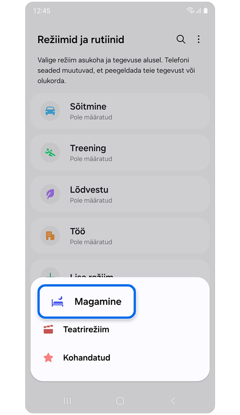 Ekraan saadaolevate režiimide loendiga.