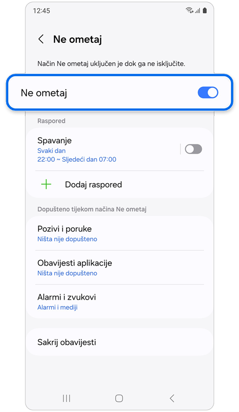 Zaslon postavki "Ne ometaj".