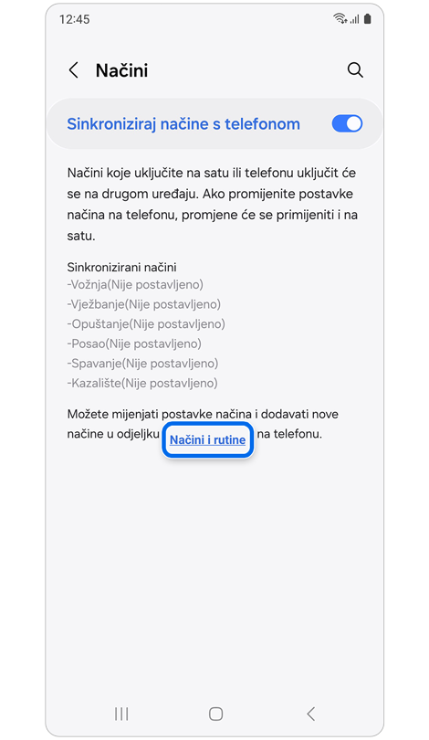 Zaslon za sinkronizaciju načina rada s vašim telefonom.